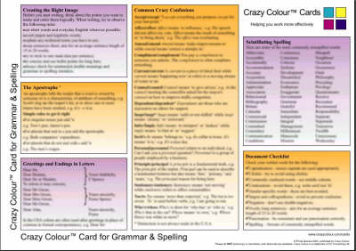 Crazy Colour Quick Reference Card for Grammar & Spelling