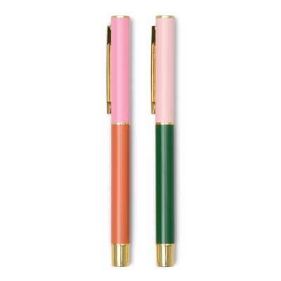 Red Orange & Emerald Color Block Pens Set Of 2